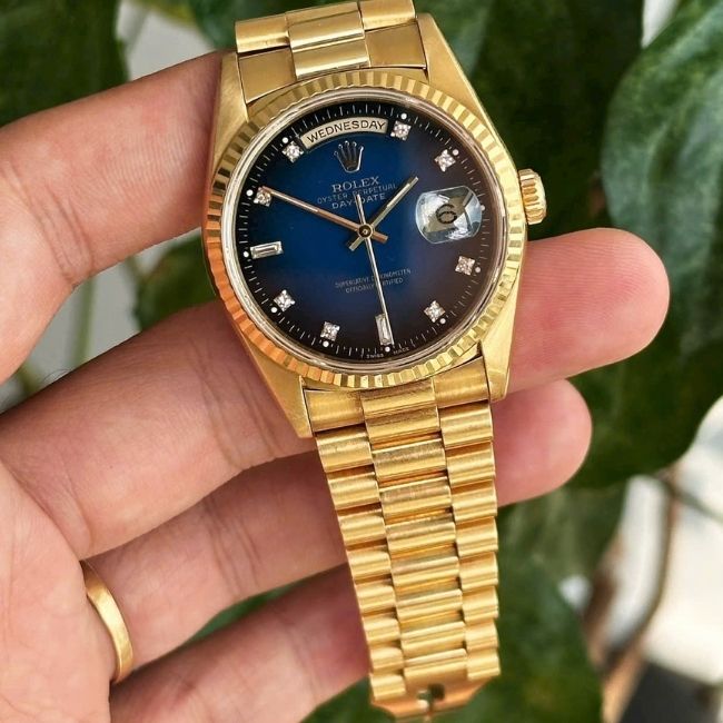Rolex Day Date 5 số 18238 xanh mắt mèo cọc số kim cương 18k Au750 1 Rolex Day Date 5 số 18238 xanh mắt mèo cọc số kim cương 18k Au750 1