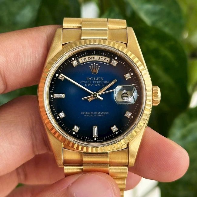 Rolex Day Date 5 số 18238 xanh mắt mèo cọc số kim cương 18k Au750 5 Rolex Day Date 5 số 18238 xanh mắt mèo cọc số kim cương 18k Au750 5