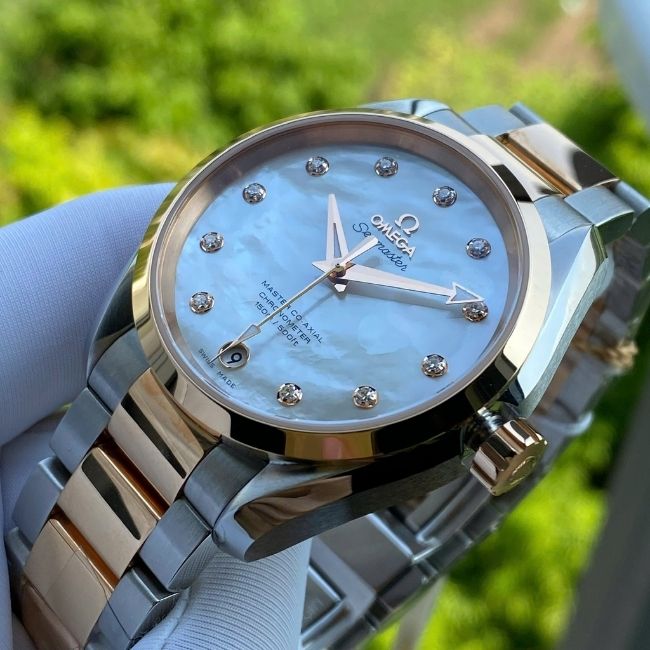 Omega Seamaster AT Mặt xà cừ - Cọc kim cương - Demi đúc 18k 150M 1