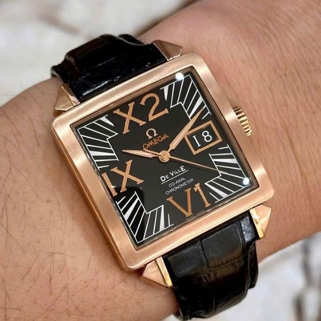 Omega DeVille X2 Vàng đúc 18k mặt đen - dây da Automatic 8