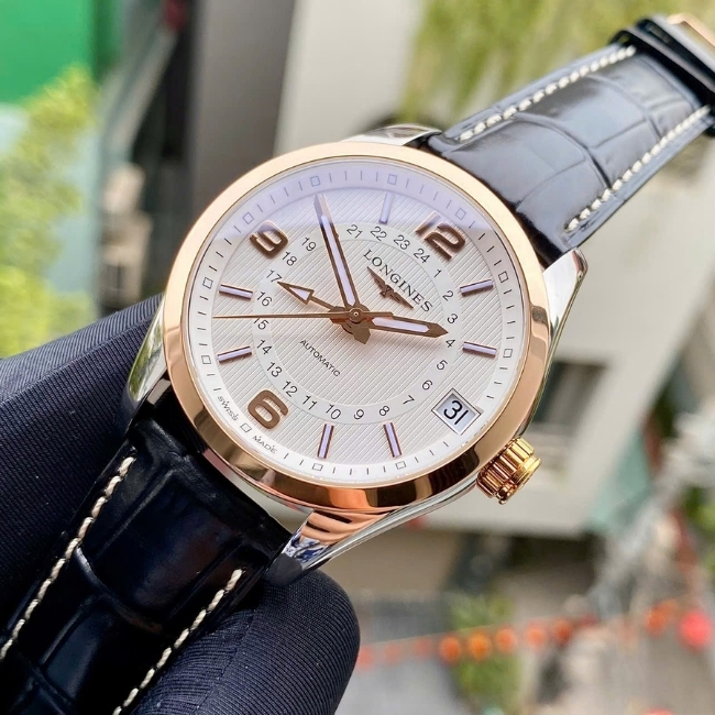 Longines Conquest GMT Niềng vàng 18k - mặt trắng - dây da - 42mm 1
