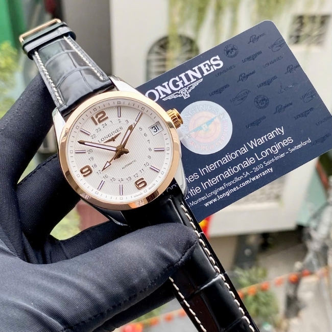 Longines Conquest GMT Niềng vàng 18k - mặt trắng - dây da - 42mm 3