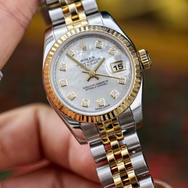 Rolex DateJust nữ mặt xà cừ - cọc số kim cương - Demi 18k - Jubilee 2
