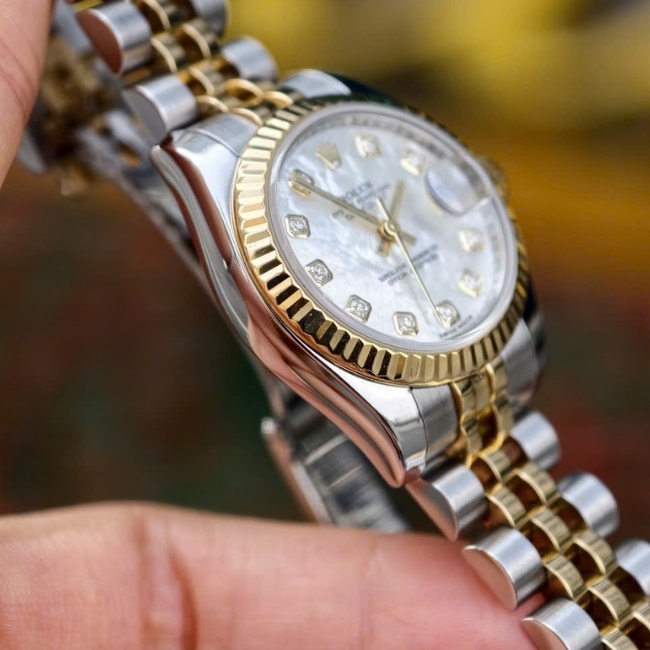 Rolex DateJust nữ mặt xà cừ - cọc số kim cương - Demi 18k - Jubilee 4