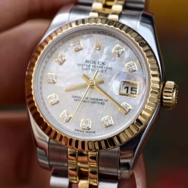 Rolex DateJust nữ mặt xà cừ - cọc số kim cương - Demi 18k - Jubilee 6