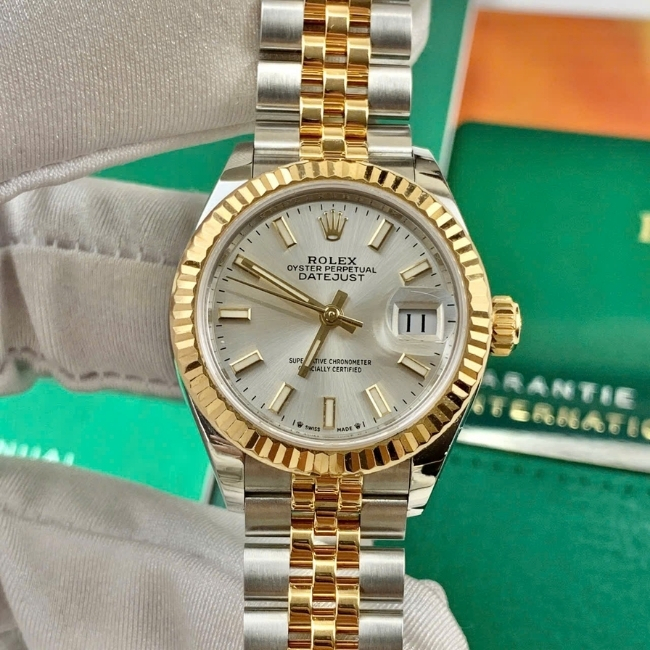 rolex date just nữ 28mm mặt silver cọc dạ quang demi vàng 18k 1
