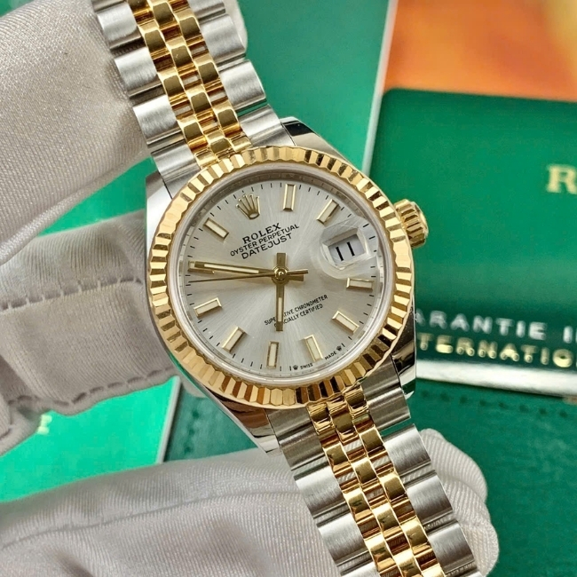 rolex date just nữ 28mm mặt silver cọc dạ quang demi vàng 18k 2