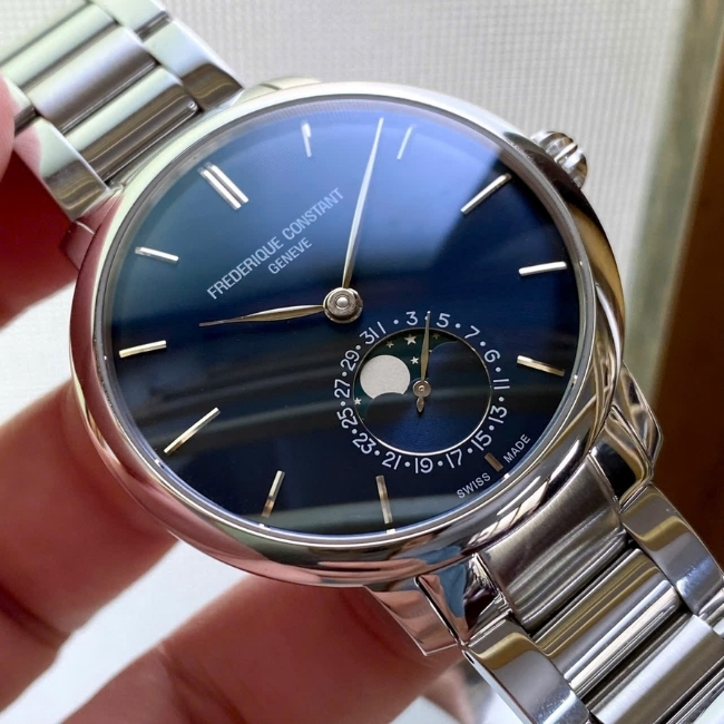 FC703 Slimline Date lịch tuần trăng - mặt xanh blue - dây thép - Automatic 1