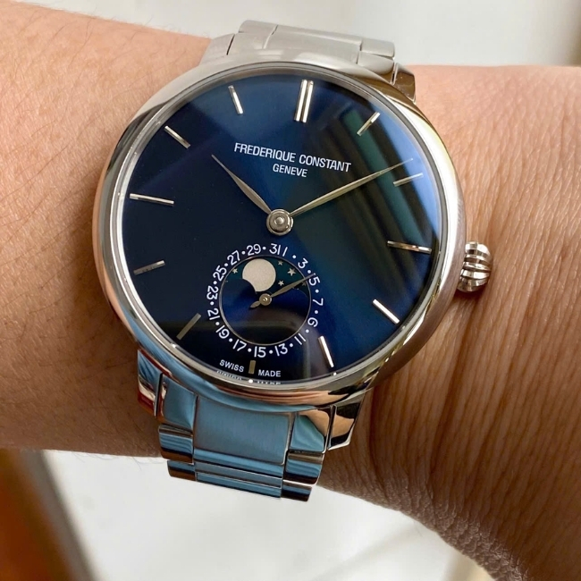 FC703 Slimline Date lịch tuần trăng - mặt xanh blue - dây thép - Automatic 4