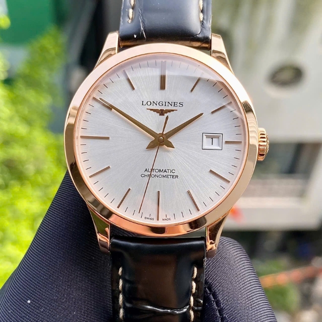 Longines Record Vàng đúc 18k 38.5mm - Máy Auto L8 - mặt trắng cọc vạch 3