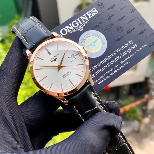 Longines Record Vàng đúc 18k 38.5mm - Máy Auto L8 - mặt trắng cọc vạch 4