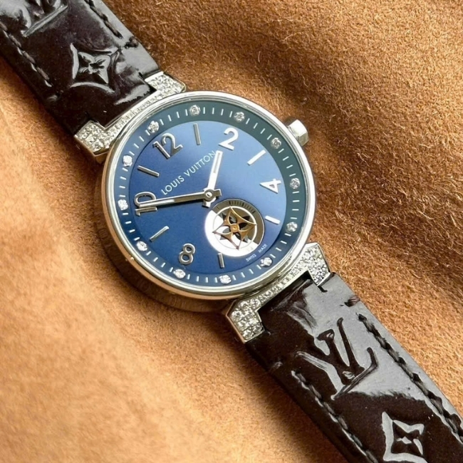 Louis Vuitton QA033 Tambour 12P Diamond Quartz 28mm - mặt xanh blue 3