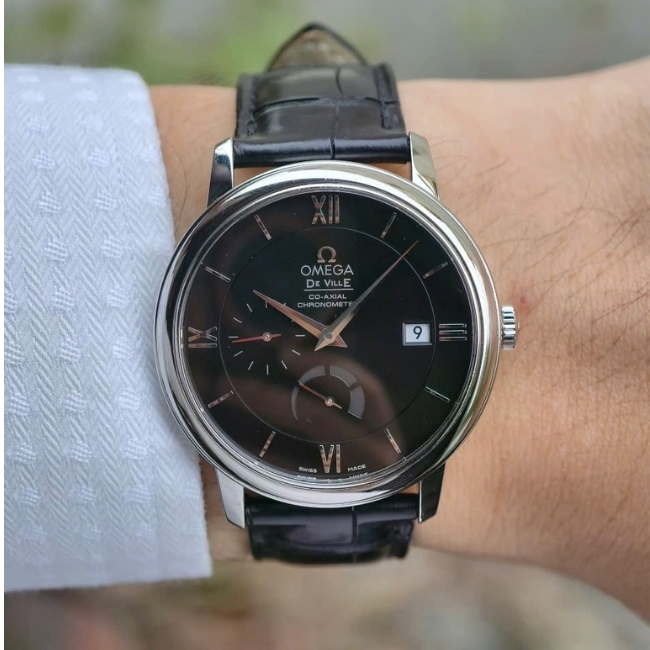 Omega Prestige kim xăng báo cót - mặt đen - Coaxial 39.5mm 2
