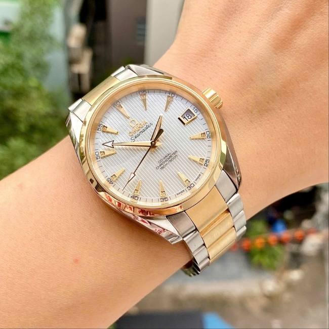 Omega Seamaster AT Mặt xà cừ trắng - cọc vạch đính kim cương - demi vàng 18k 38.5 mm 1