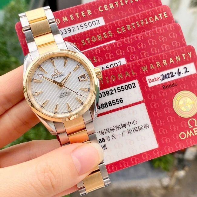 Omega Seamaster AT Mặt xà cừ trắng - cọc vạch đính kim cương - demi vàng 18k 38.5 mm 2