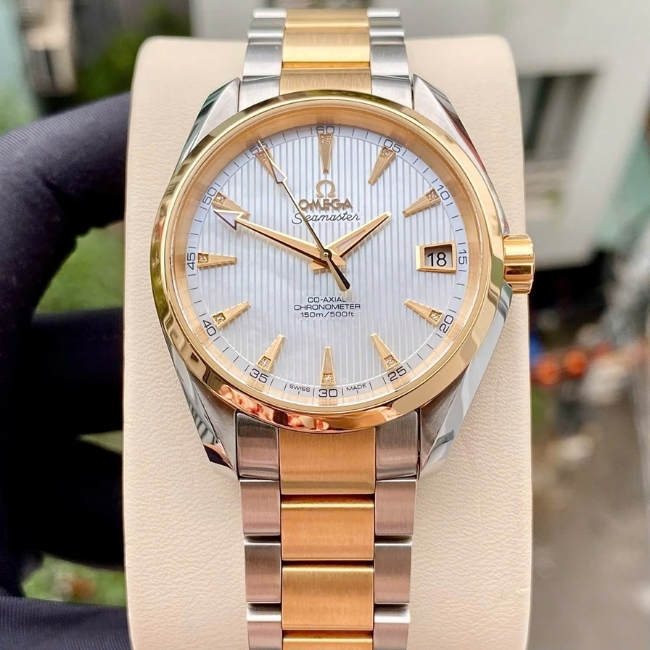 Omega Seamaster AT Mặt xà cừ trắng - cọc vạch đính kim cương - demi vàng 18k 38.5 mm 6
