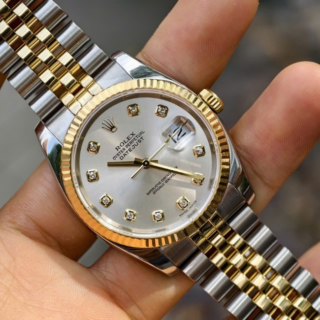 Rolex DATEJUST Mặt tia bạc - cọc số kim cương - Dây demi 18k Jubilee 1