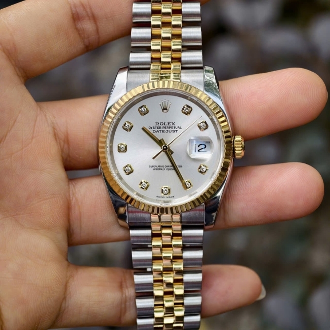 Rolex DATEJUST Mặt tia bạc - cọc số kim cương - Dây demi 18k Jubilee 6