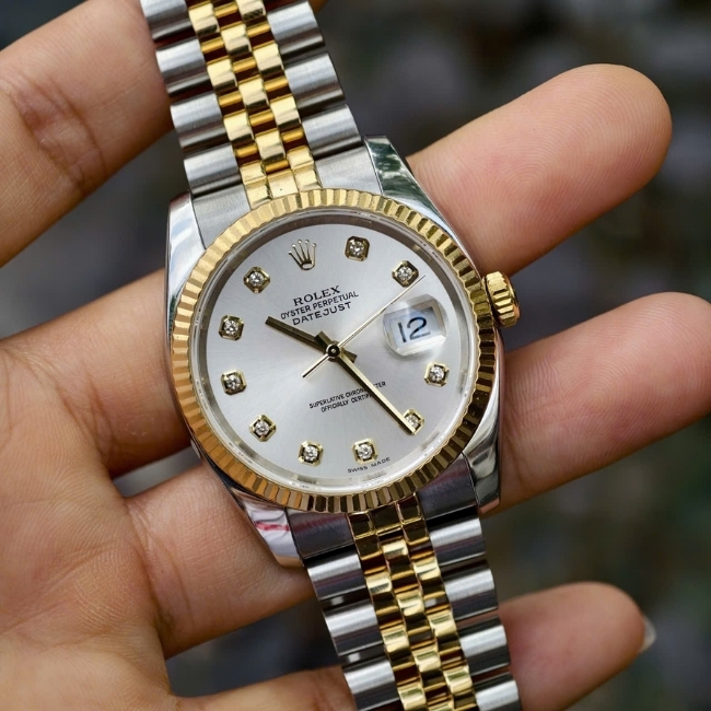 Rolex DATEJUST Mặt tia bạc - cọc số kim cương - Dây demi 18k Jubilee 7