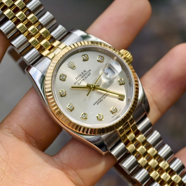 Rolex DATEJUST Mặt tia bạc - cọc số kim cương - Dây demi 18k Jubilee 8
