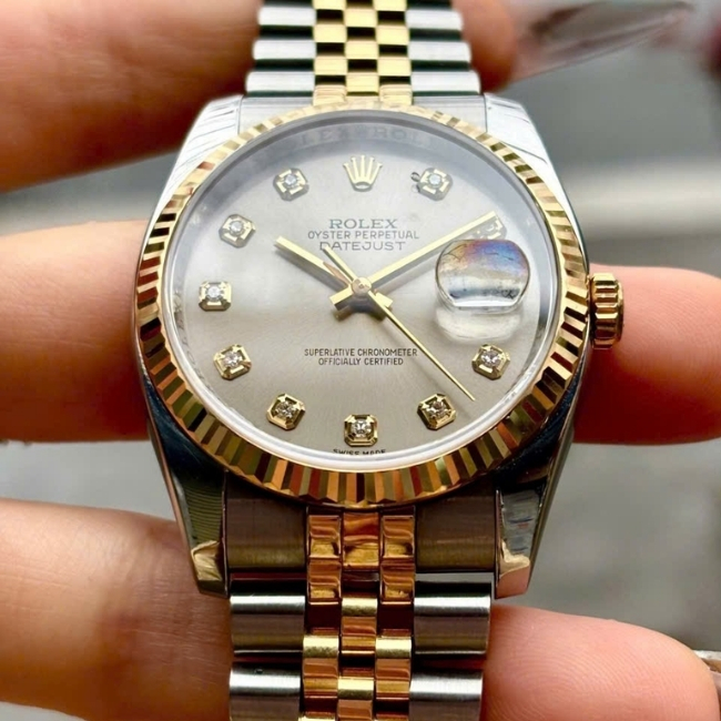 Rolex Datejust mặt xám trải tia - Demi 18k - cọc số kim cương - Jubilee 3