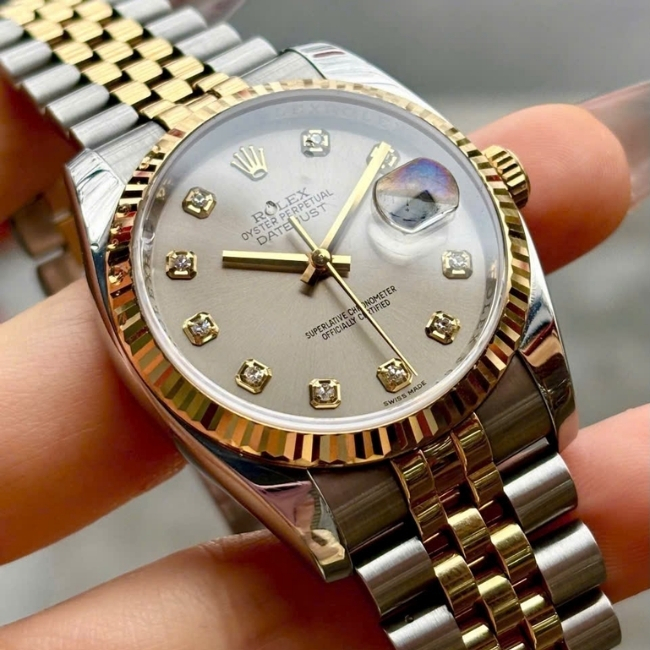 Rolex Datejust mặt xám trải tia - Demi 18k - cọc số kim cương - Jubilee 6