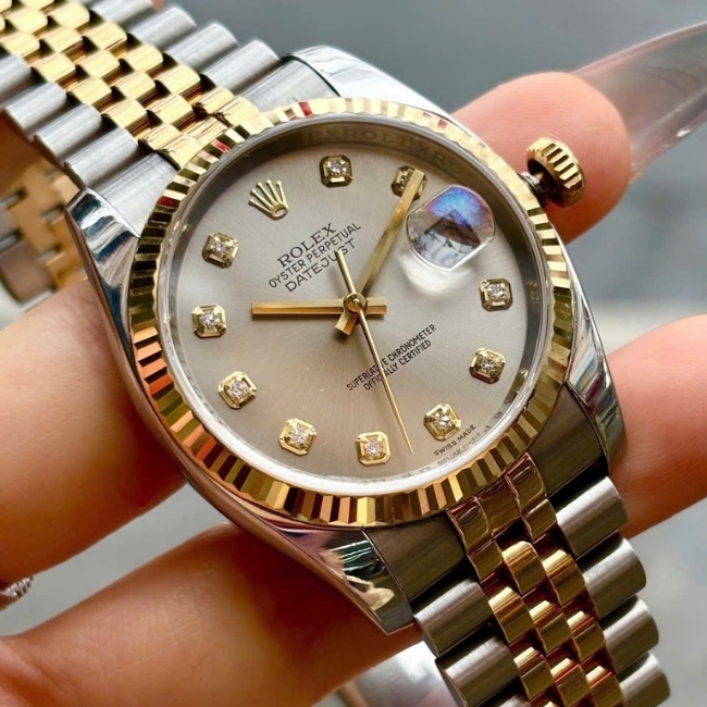 Rolex Datejust mặt xám trải tia - Demi 18k - cọc số kim cương - Jubilee 7