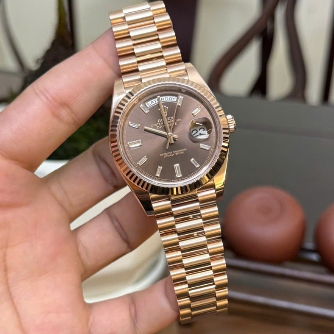 Rolex Daydate 40mm Vàng hồng 18k Rose Gold nguyên khối - Cọc kim ống - dial Nâu choco 1