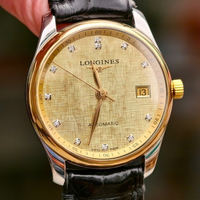 Longines Master 36mm - mặt vàng lụa - cọc kim - Niềng vàng 18k Auto L2.518.5.38.7 1