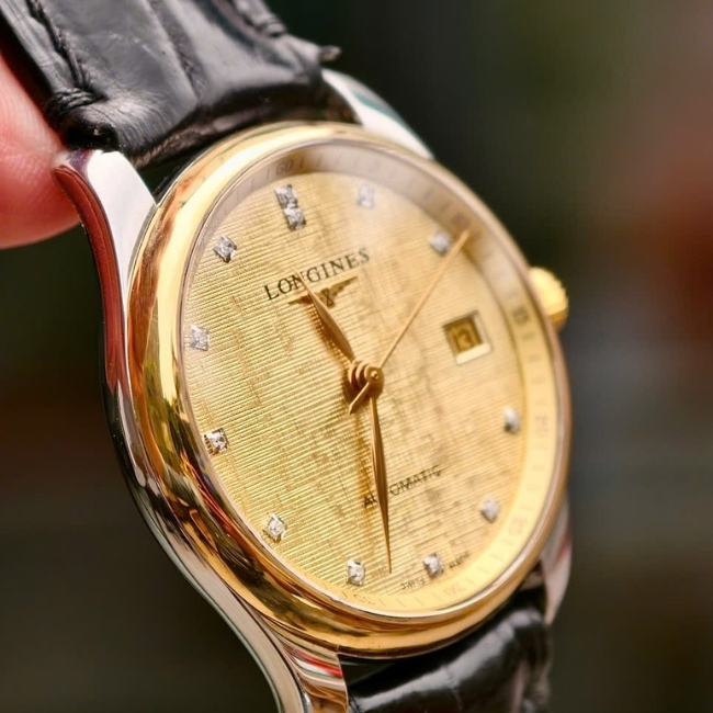 Longines Master 36mm - mặt vàng lụa - cọc kim - Niềng vàng 18k Auto L2.518.5.38.7 2