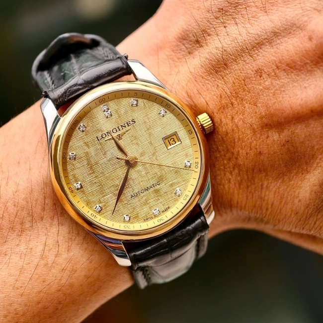 Longines Master 36mm - mặt vàng lụa - cọc kim - Niềng vàng 18k Auto L2.518.5.38.7 8