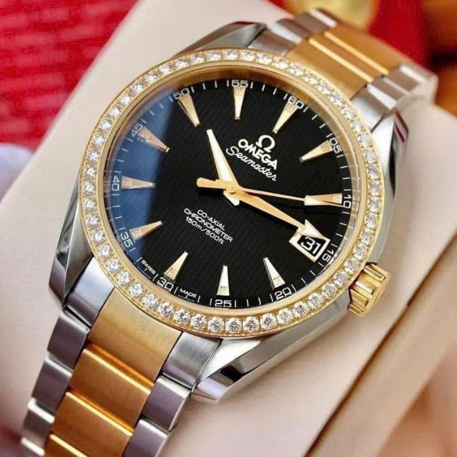 Omega Aqua Terra Niềng kim cương mặt đen Demi 18k 38.5mm 23125392151002 1