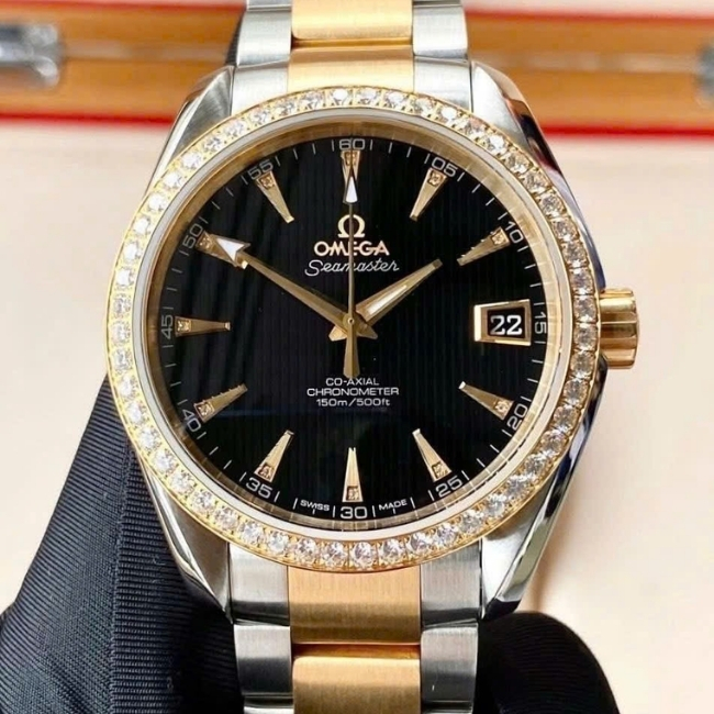 Omega Aqua Terra Niềng kim cương mặt đen Demi 18k 38.5mm 23125392151002 2
