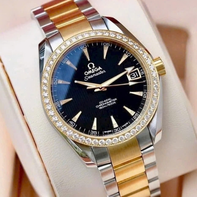 Omega Aqua Terra Niềng kim cương mặt đen Demi 18k 38.5mm 23125392151002 3