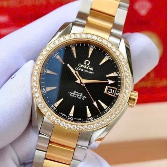 Omega Aqua Terra Niềng kim cương mặt đen Demi 18k 38.5mm 23125392151002 7