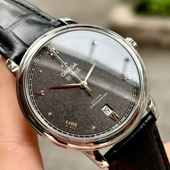 Omega Prestige Coaxial mặt xám lụa - kim cọc vàng 18k 39.5mm 1