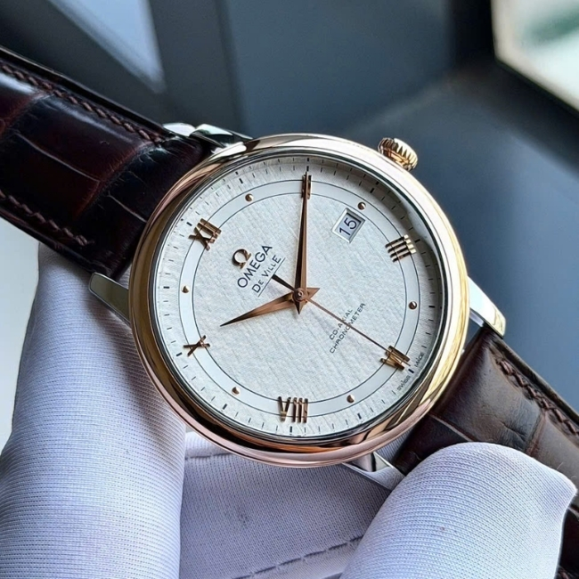 Omega Prestige Niềng vàng 18k - mặt trắng lụa - Kim cọc vàng 18k 39.5mm 1