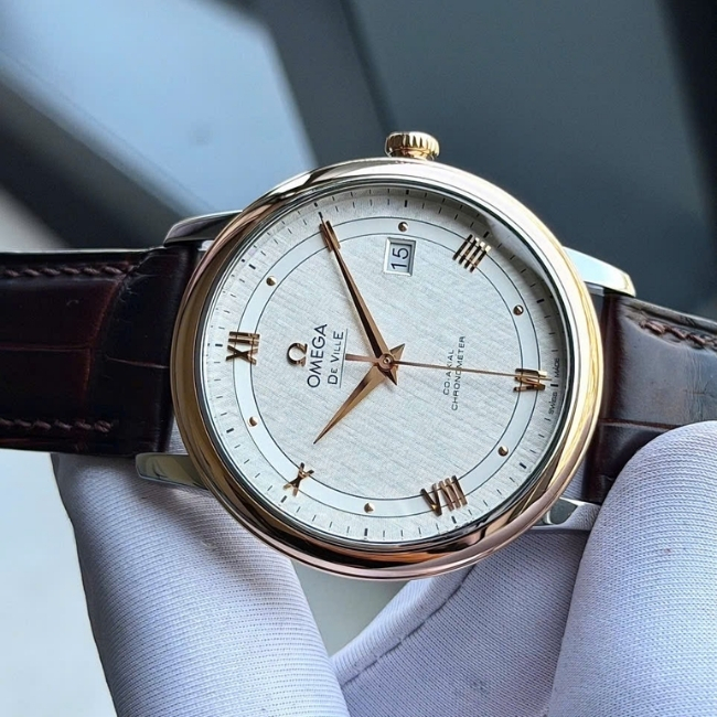 Omega Prestige Niềng vàng 18k - mặt trắng lụa - Kim cọc vàng 18k 39.5mm 6