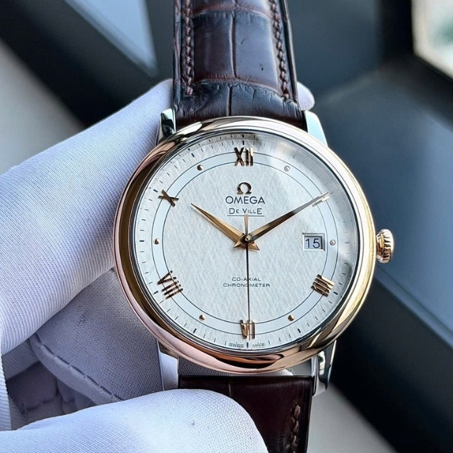 Omega Prestige Niềng vàng 18k - mặt trắng lụa - Kim cọc vàng 18k 39.5mm 7