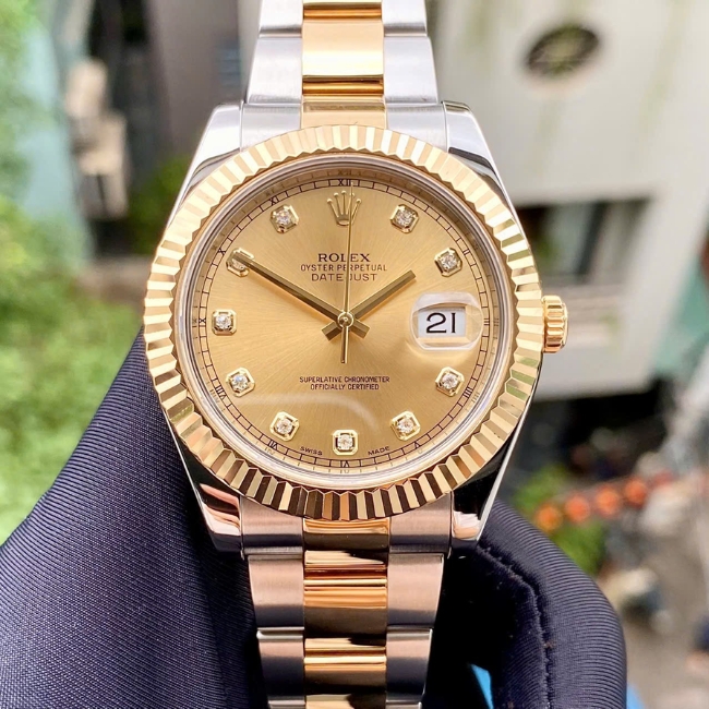 Rolex Date Just 116333 41mm mặt champagne cọc số kim cương - demi vàng 18k 8