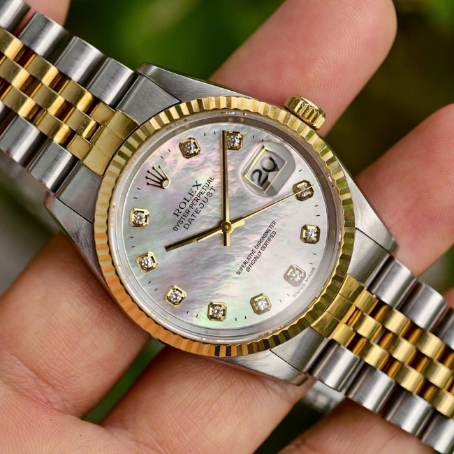 Rolex DateJust 16233 Jubilee mặt xà cừ - kim cương to - Demi vàng 18k 6