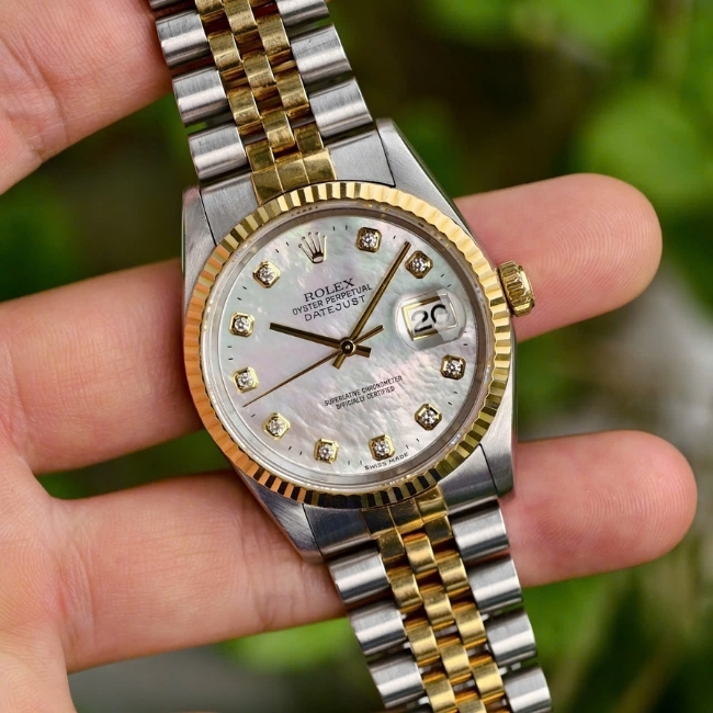 Rolex DateJust 16233 Jubilee mặt xà cừ - kim cương to - Demi vàng 18k 7