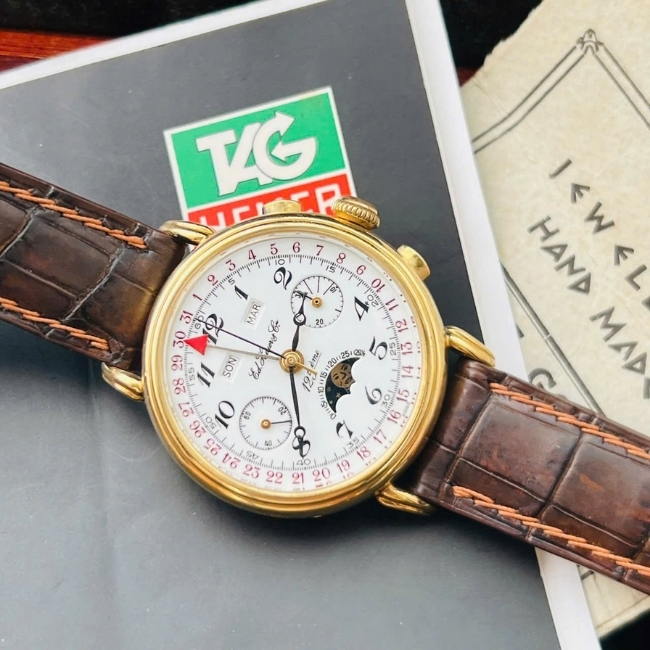 TAG HEUER trăng sao - bản kỷ niệm 125 năm - Vàng khối 18k - đáy cậy nắp - mặt trắng men 5