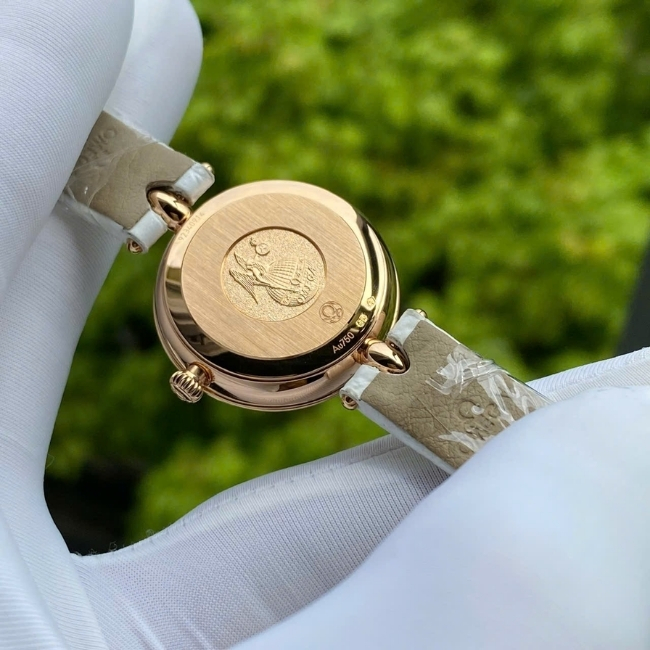 OMEGA De Ville Prestige nữ - Vàng đúc 18k - mặt xà cừ trắng - Niềng kim cương zin hãng - 28mm 2