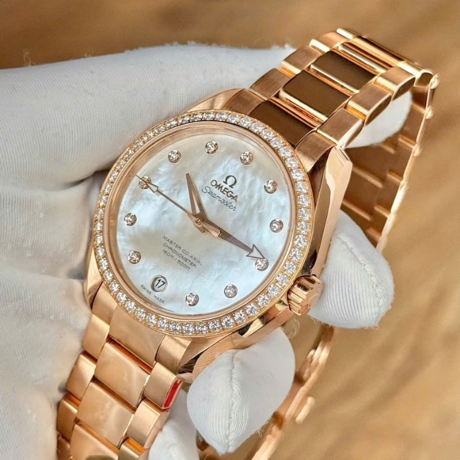 Omega AT 38.5mm MOP cọc kim - vành kim cương zin - Bản Rose Gold 18k 1