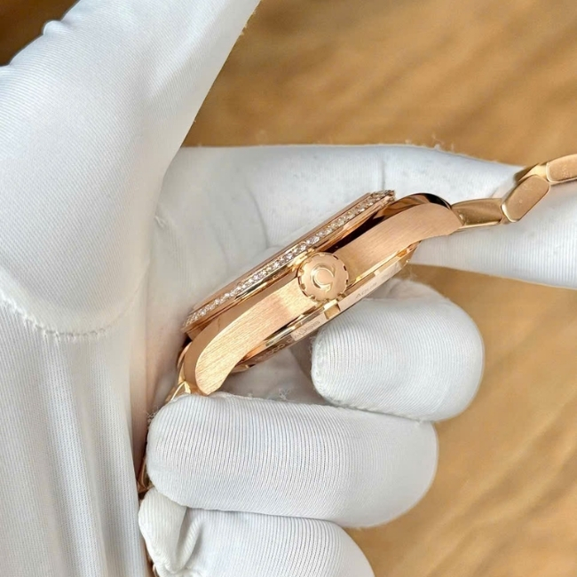Omega AT 38.5mm MOP cọc kim - vành kim cương zin - Bản Rose Gold 18k 5