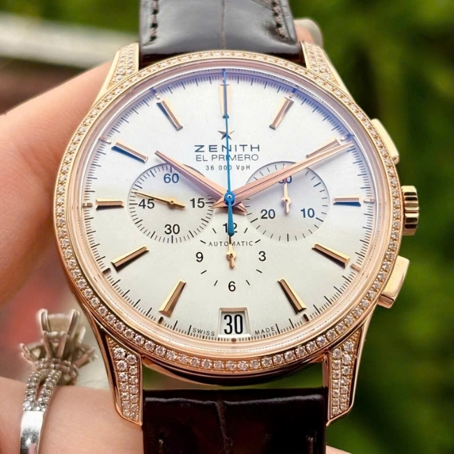 Zenith Captain Chronograph Vàng khối 18k 42mm Bezel Diamond- mặt trắng cọc vạch 5