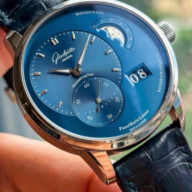 Glashütte Original Panoramadatum mặt số xanh - lịch tuần trăng 40mm 7
