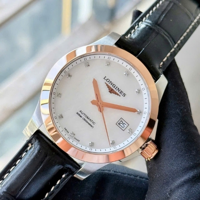 Longines Conquest MOP 13 viên kim cương - Bản dây da - 39mm Auto 3 kim 1 lịch 6