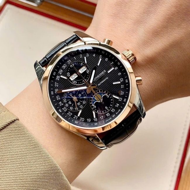 Longines Conquest Moonphase Chronograph full lịch Demi 18K rose gold - mặt đen 1